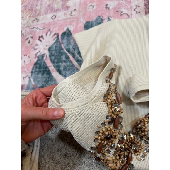 Y2K VTG Cache Beaded Tank Top Cream Ribbed Knit Sleeveless Embellished Women's S - Picture 5 of 9